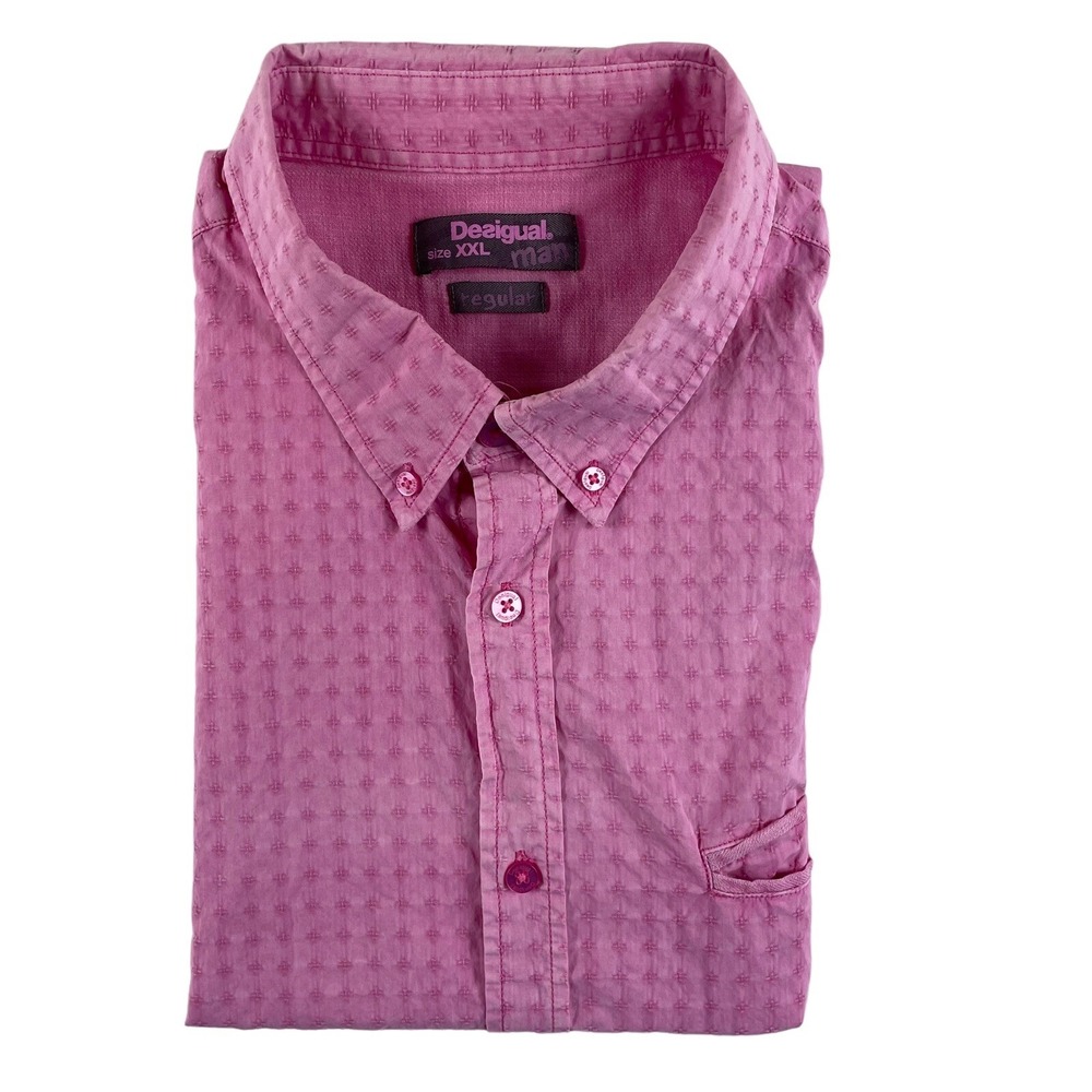 Desigual Man Pink Seersucker Cross Patterned Mens S/S Button Front Size 2XL